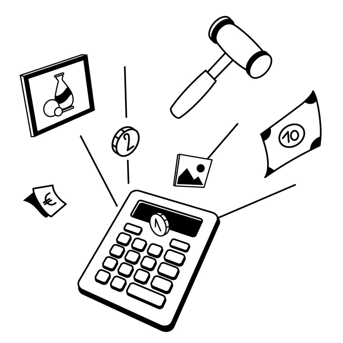 Taschenrechner, umgeben von Geldstücken und Geldscheinen, einem Auktionshammer, dem Gemälde einer Vase und einer grafischen Landschaftsdarstellung.