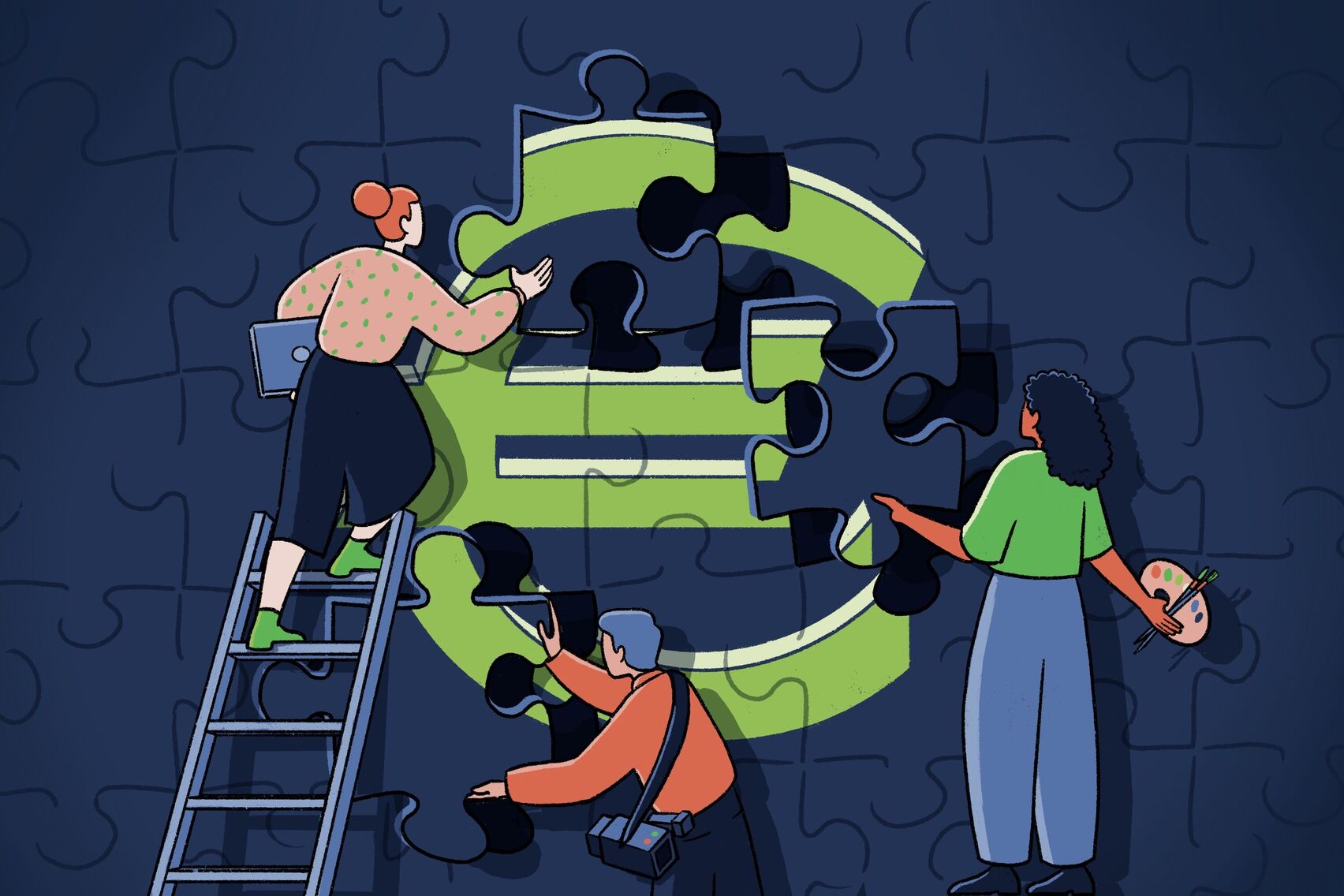 Drei Personen setzen ein Puzzle mit einem großen Eurozeichen zusammen: Eine Frau mit einem Laptop unter dem Arm steht auf einer Leiter, ein Mann mit einer umgehängten Filmkamera und eine Frau mit einer Malerpalette setzen Puzzleteile ein.