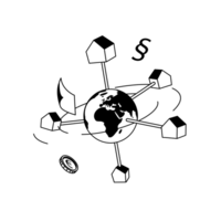 Illu Schwestergesellschaften Auf einer kreisenden Erdkugel sind Häuser aufgesteckt. Eine Euromünze, ein Blatt Papier und ein Paragraphenzeichen.