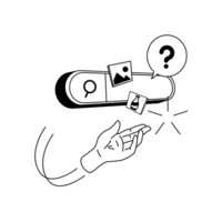 Illu Künstlersuche Eine Hand und eine Sprechblase mit Fragezeichen vor einer Internetsuche. Aus der Suche kommen zwei Bilder hervor und ein Stern.