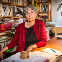 Eine Frau in roter Strickjacke sitzt an einem Schreibtisch und blickt in die Kamera. Hinter dem Schreibtisch steht ein großes Bücherregal, das eng und chaotisch bepackt ist.