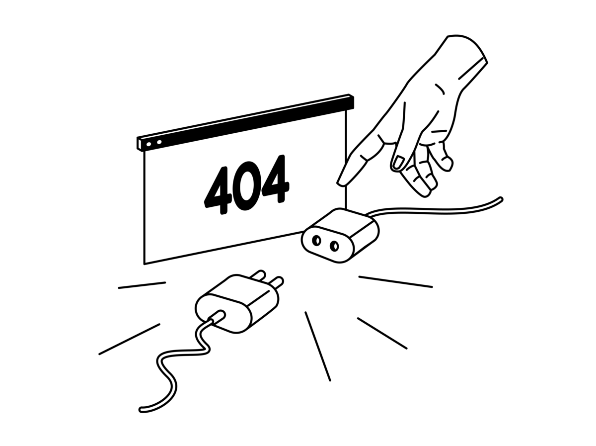 Das Bild zeigt in einer stark vereinfachten, fast abstrakten Weise einen Computerbildschirm mit der Fehlermeldung "404" in der Mitte. Der Bildschirm ist weiß und die Zahl ist schwarz und fett gedruckt. Im Vordergrund sind zwei Netzteilstecker abgebildet, die nicht miteinander verbunden sind. Eine stilisierte Hand zeigt auf die getrennten Stecker. 