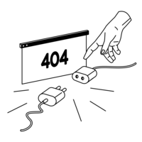 Eine Hand zeigt auf zwei Enden eines Netzteilsteckers, die nicht miteinander verbunden sind. Auf einer Anzeigetafel steht die Fehlermeldung "404".
