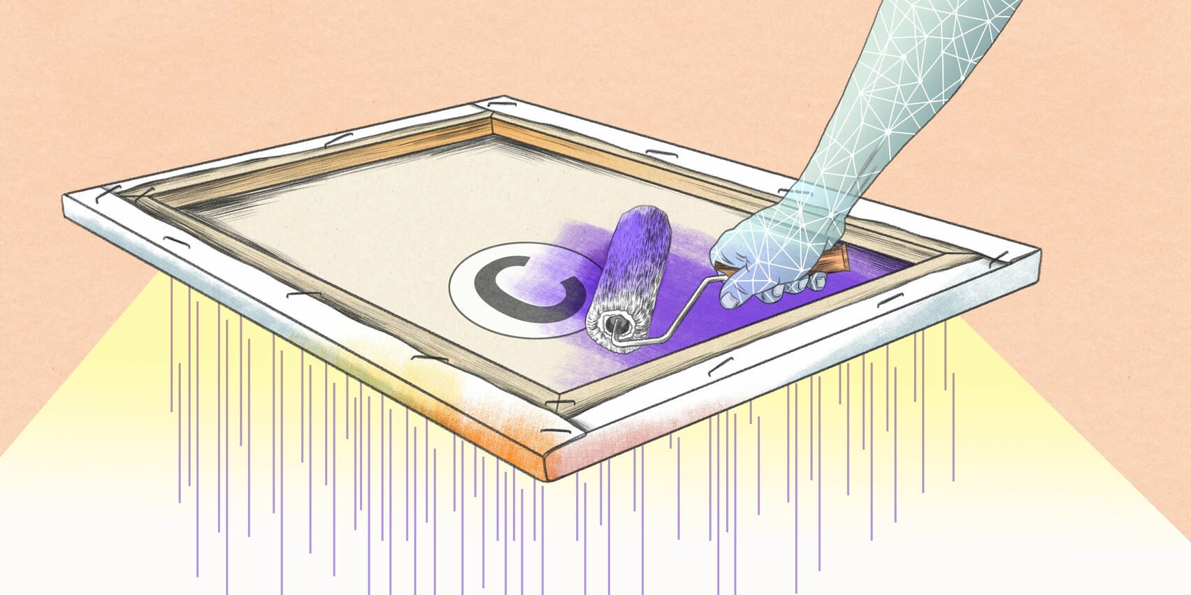 Auf der Rückseite einer Leinwand befindet sich ein Copyright-Zeichen, das mit violetter Farbe überstrichen wird.