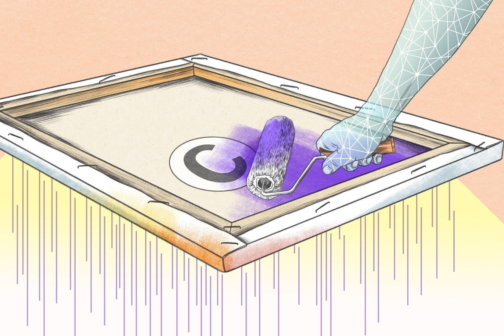 Auf der Rückseite einer Leinwand befindet sich ein Copyright-Zeichen, das mit violetter Farbe überstrichen wird.