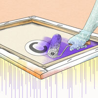 Anne Mair_KI Auf der Rückseite einer Leinwand befindet sich ein Copyright-Zeichen, das mit violetter Farbe überstrichen wird.