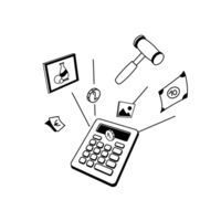 Illu Folgerechtsrechner Taschenrechner, umgeben von Geldstücken und Geldscheinen, einem Auktionshammer, dem Gemälde einer Vase und einer grafischen Landschaftsdarstellung.