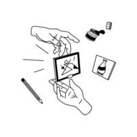 Illu Berufsgruppe I Eine Hand übergibt ein abstraktes Gemälde einer anderen Hand. Ein Bild mit einer Vase, ein Stift und ein Tintenfass.