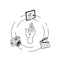 Illu Mitgliedschaft Um eine erhobene Hand kreisen ein abstraktes Bildwerk, eine Filmklappe und ein Fotoapparat.