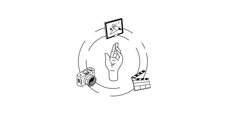 Um eine erhobene Hand kreisen ein abstraktes Bildwerk, eine Filmklappe und ein Fotoapparat.
