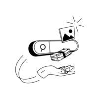 Illu Bildagenturen Eine Internetsuche mit einem abstrakten Bild. Eine Hand übergibt einen Stapel Geldscheine.