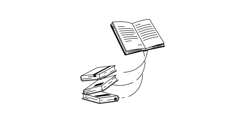 Ein geöffnetes Buch und drei weitere Bücher.