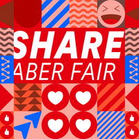 Mosaik aus verschiedenen geometrischen Formen und Symbolen (wie Herzen, Pfeile, lachendes Emoji) sowie der Text: "SHARE ABER FAIR".