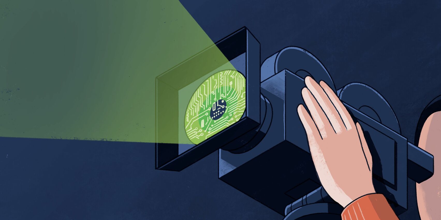 Eine Hand hält eine Filmkamera mit einem hellen Scheinwerfer. Die Kameralinse hat ein Muster, das an eine elektronische Schaltung erinnert.