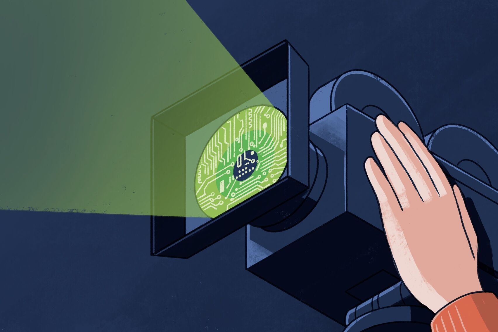 Eine Hand hält eine Filmkamera mit einem hellen Scheinwerfer. Die Kameralinse hat ein Muster, das an eine elektronische Schaltung erinnert.