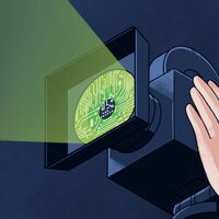 Danae Diaz_KI und Film Eine Hand hält eine Filmkamera mit einem hellen Scheinwerfer. Die Kameralinse hat ein Muster, das an eine elektronische Schaltung erinnert.