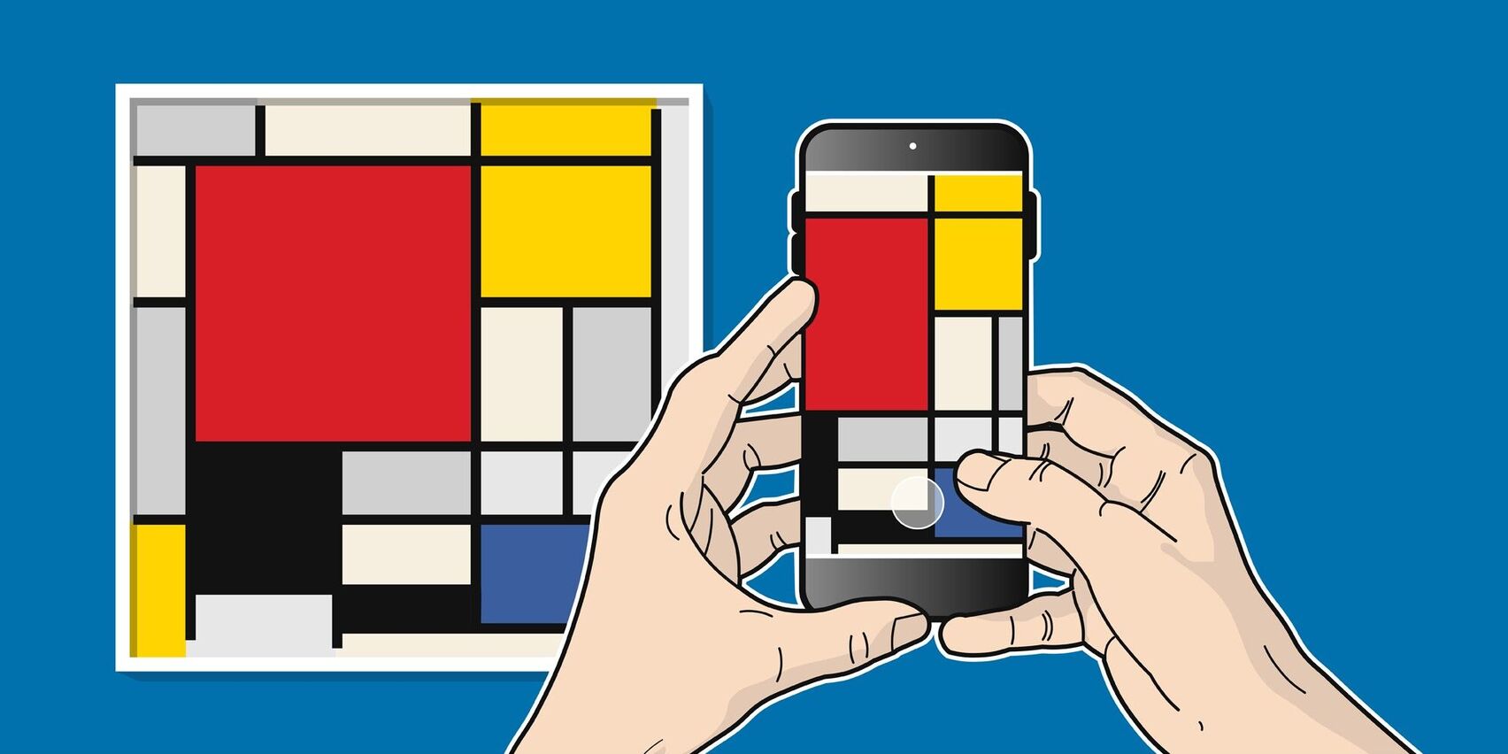 Ein Kunstwerk aus vielfarbigen Rechtecken und Quadraten wird mithilfe eines Handys fotografiert.