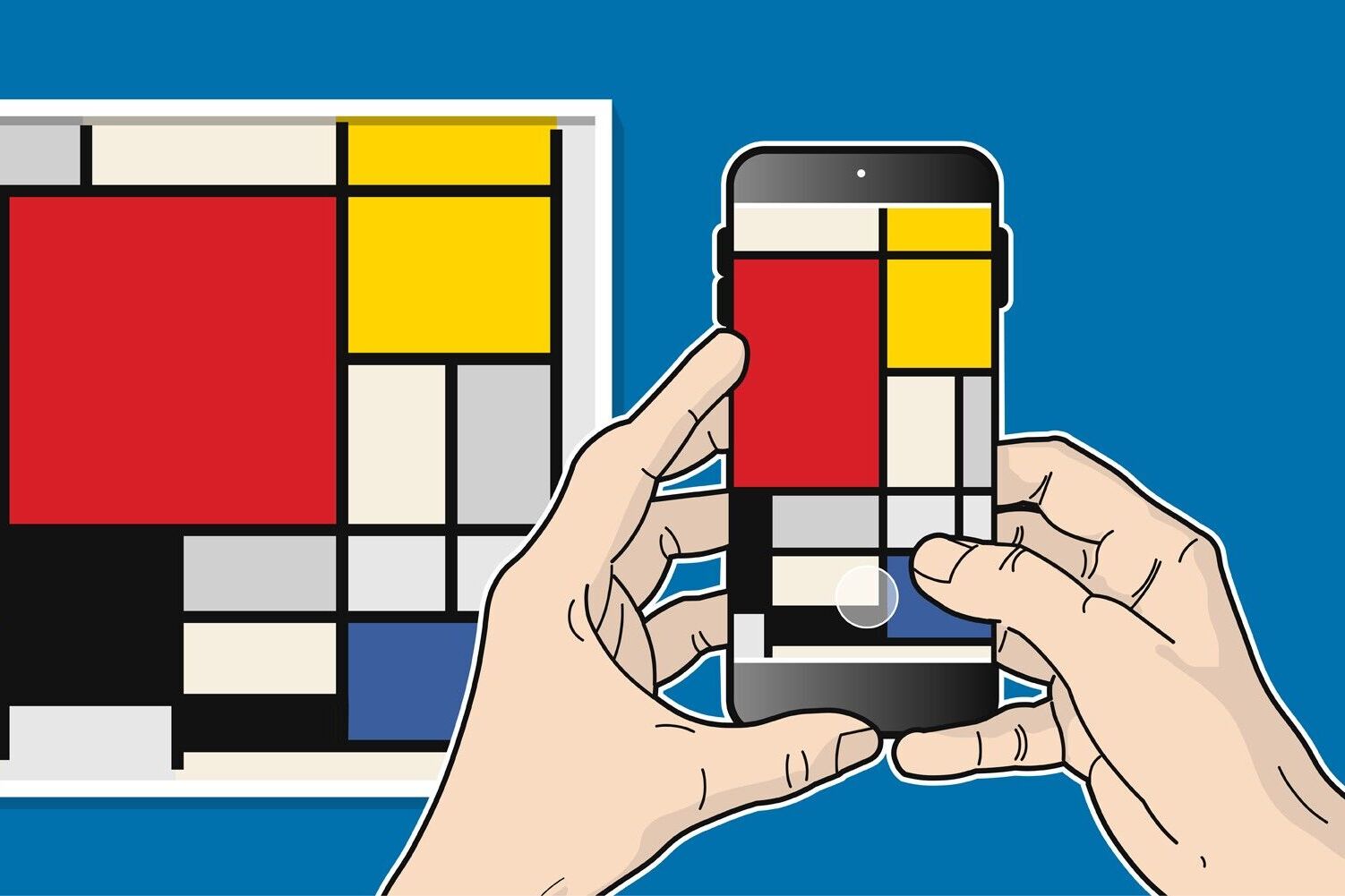 Ein Kunstwerk aus vielfarbigen Rechtecken und Quadraten wird mithilfe eines Handys fotografiert.