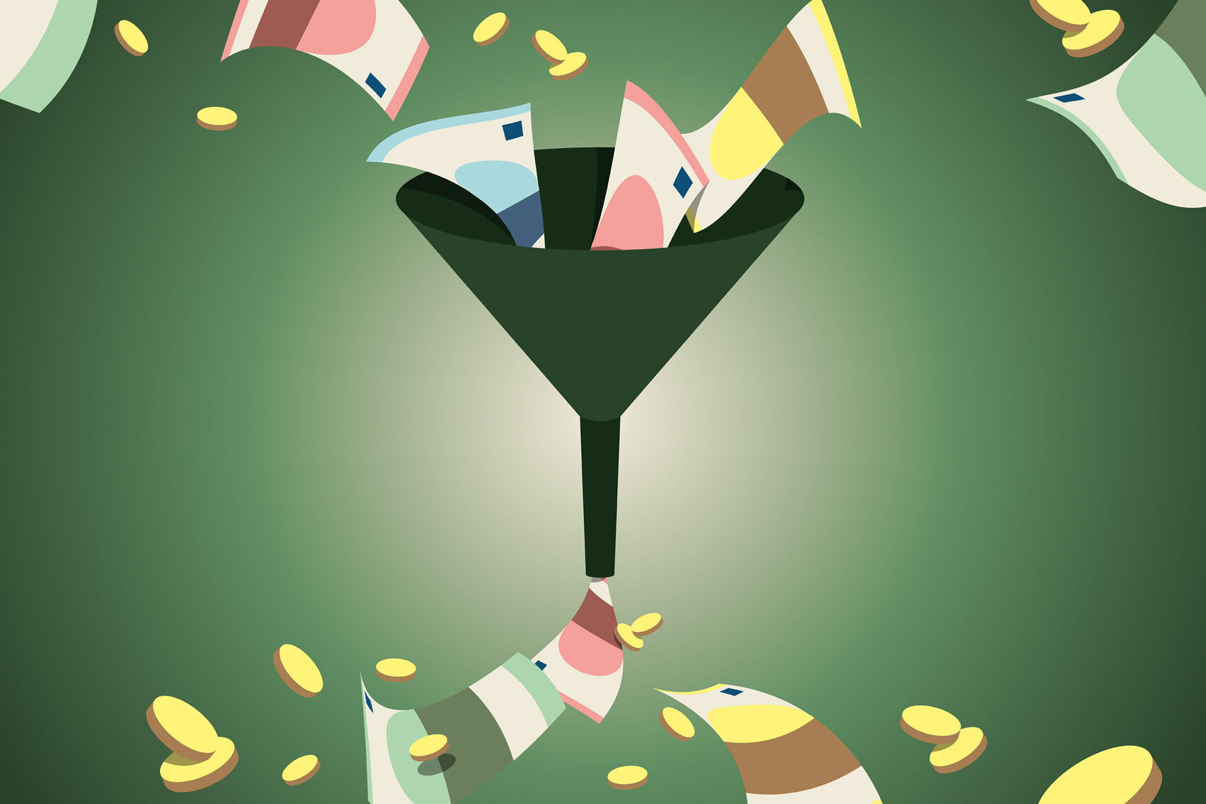 Geldscheine und Geldstücke fallen oben in einen Trichter und werden unten wieder ausgeschüttet.