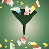 Anne-Marie Pappas_Ausschüttungen Geldscheine und Geldstücke fallen oben in einen Trichter und werden unten wieder ausgeschüttet.