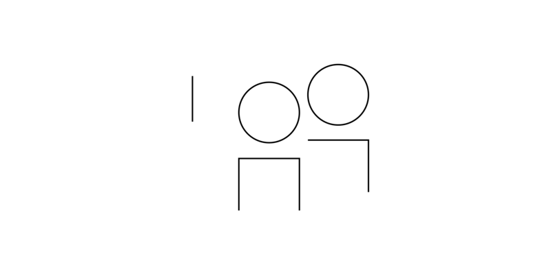 Das Bild zeigt in einer sehr abstrakten, geometrischen, auf wenige Striche und Kreise reduzierten Weise zwei Figuren. Die zweite Figur steht etwas hinter der ersten. Links neben der ersten Figur ist die Zahl Eins zu sehen. Die Körper der Figuren werden aus angedeuteten Quadraten gebildet, die Köpfe sind als Kreise dargestellt. 
