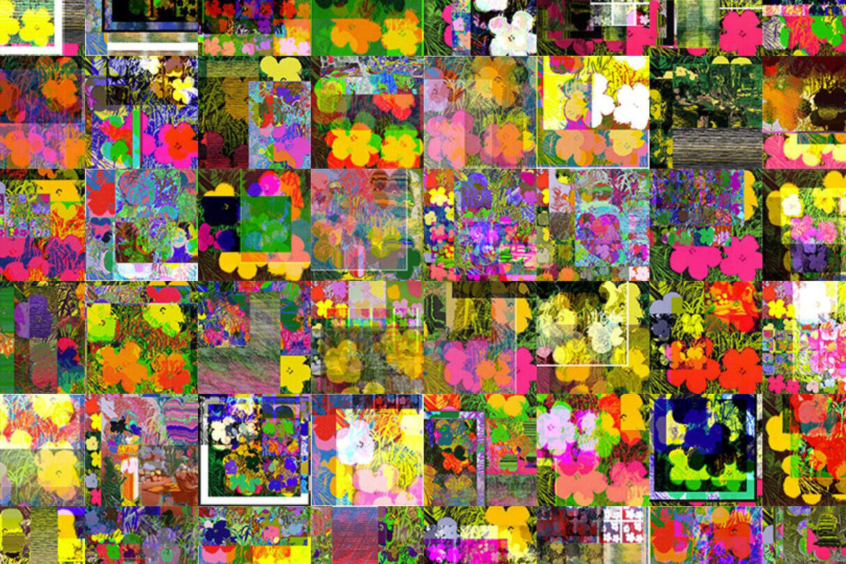 Eine Collage aus vielen kleinen quadratischen Bildern mit floralen Motiven in verschiedenen Farben und Kompositionen.