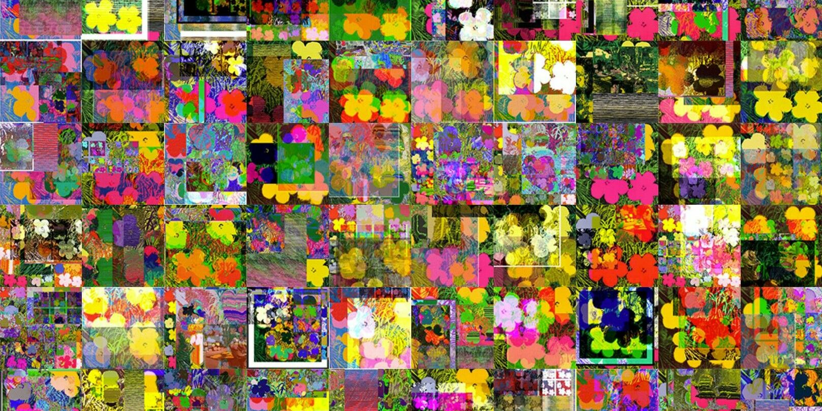 Das Bild stammt aus der Werkreihe „This is not by me“ der HAP-Grieshaber-Preisträgerin 2025, Cornelia Sollfrank. Es wurde mittels des sogenannten „net.art Generators“ erstellt. Der Generator produziert Collagen aus im Internet vorhandenem Bildmaterial. Grundlage dieses Bildes ist das Werk „Flowers“ von Andy Warhol. Das Bild zeigt eine Collage oder ein Mosaik aus vielen kleinen quadratischen Bildern. Die einzelnen Quadrate scheinen Blumen oder florale Motive in verschiedenen Farben und Kompositionen darzustellen. Das Gesamtbild wirkt abstrakt und bunt, wobei die vielen kleinen Details zu einem größeren, fast texturartigen Muster verschmelzen. Die Farben sind lebendig und vielfältig, was dem Bild eine fröhliche und lebendige Ausstrahlung verleiht. Die Farbpalette ist sehr bunt und leuchtend. Es dominieren intensive Rottöne, Gelbtöne, Orangetöne, Pinktöne, Grüntöne und Blautöne, die in unterschiedlichen Kombinationen und Schattierungen auftreten. Manche Farbflächen wirken fast neonartig hell. 