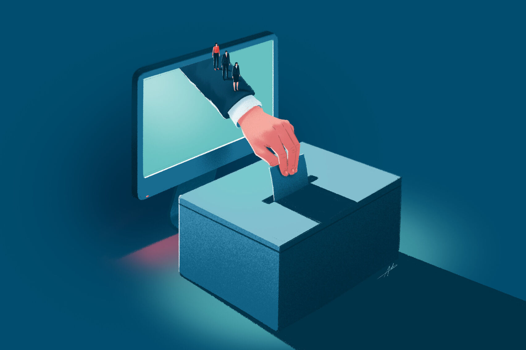 Aus einem PC-Bildschirm streckt sich ein Arm heraus und wirft einen Zettel in eine Wahlurne. Über den Arm laufen hintereinander drei kleine menschliche Figuren.