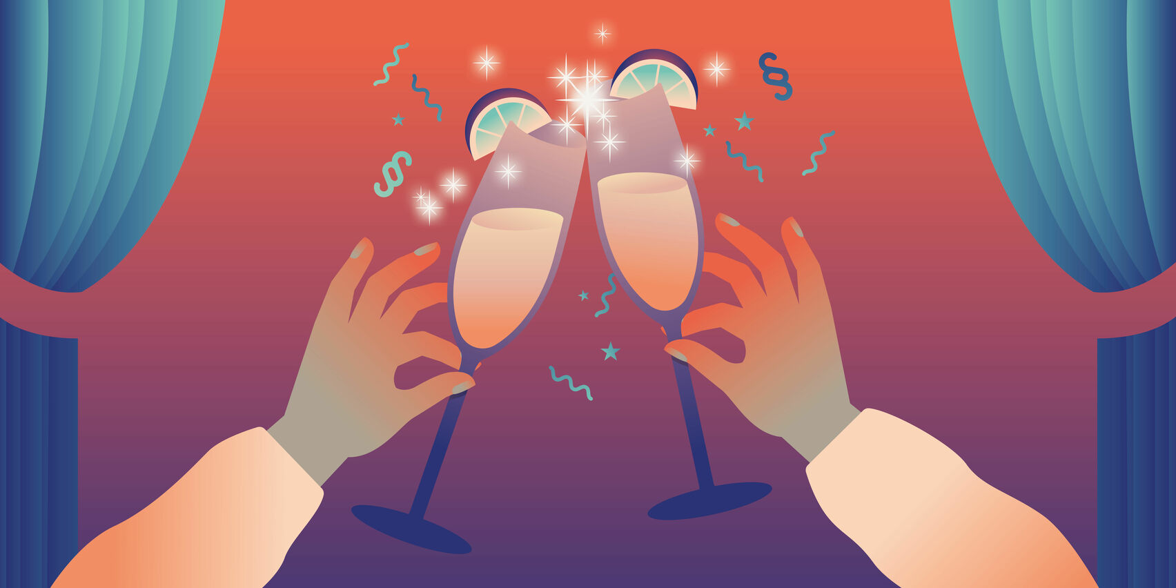 Umrahmt von einem Bühnenvorhang wird mit zwei Sektgläsern angestoßen. Paragraphenzeichen als Konfetti.