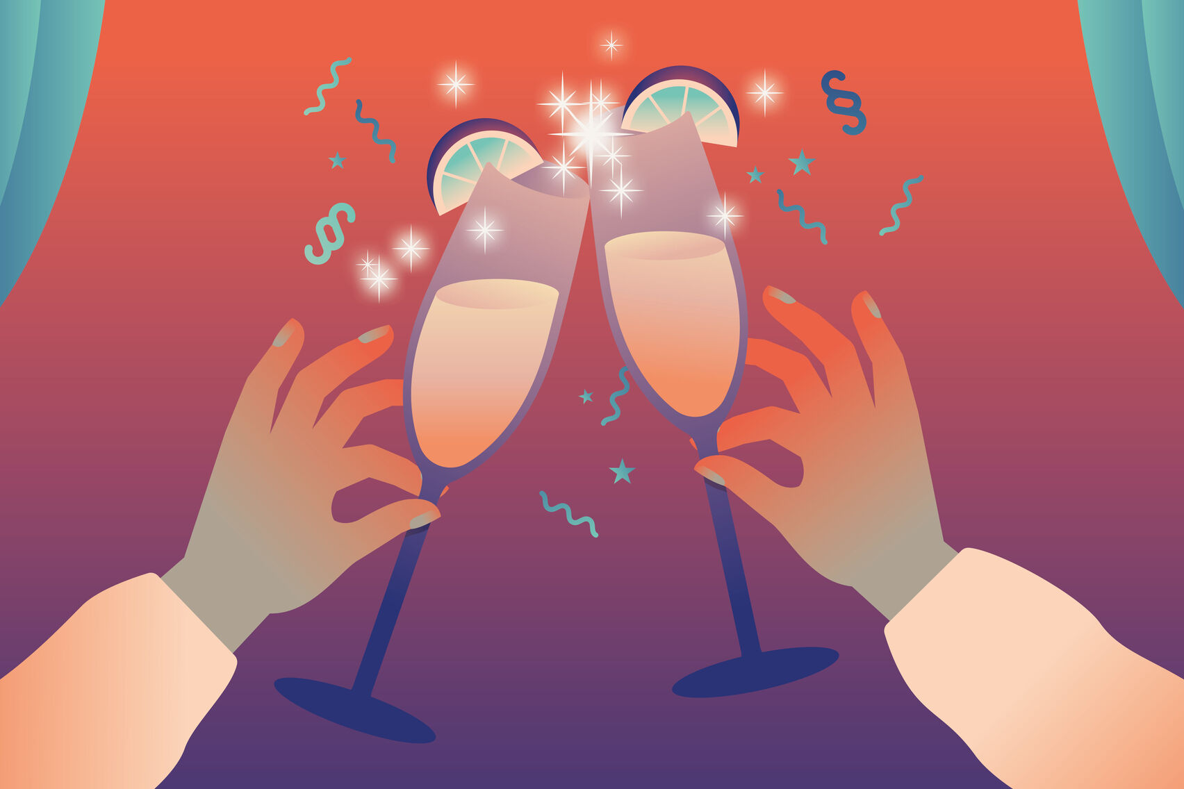 Umrahmt von einem Bühnenvorhang wird mit zwei Sektgläsern angestoßen. Paragraphenzeichen als Konfetti.