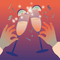 AM Pappas_Glückwünsche Umrahmt von einem Bühnenvorhang wird mit zwei Sektgläsern angestoßen. Paragraphenzeichen als Konfetti.