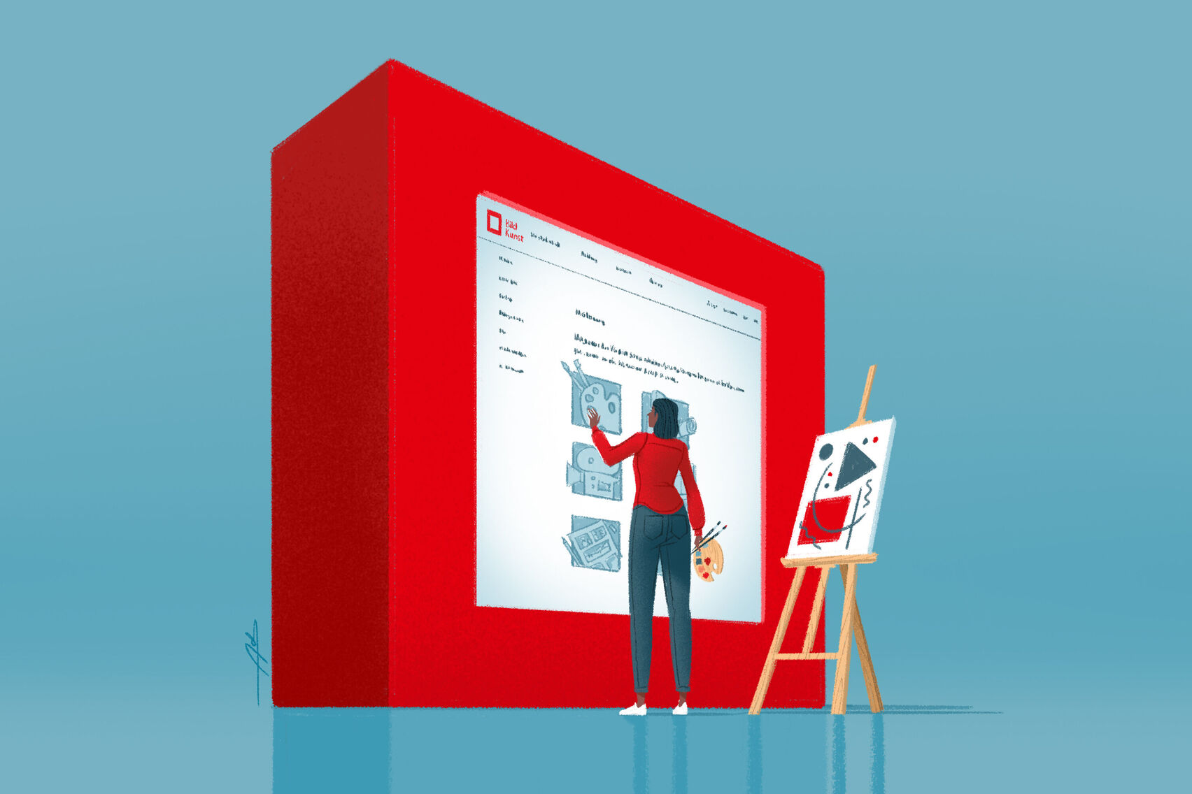 Eine Frau mit Malerpalette steht vor einem großen Touchscreen-Monitor in Form des roten Bild-Kunst-Logos. Auf dem Monitor sind Symbole der drei Berufsgruppen zu sehen: eine Malerpalette, eine Filmkamera und eine Illustration. Die Frau wählt mit der Hand die Palette aus. Neben ihr steht eine Staffelei mit einem abstrakten Kunstwerk. 