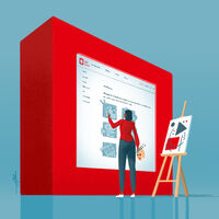 Eine Frau mit Malerpalette steht vor einem großen Touchscreen-Monitor in Form des roten Bild-Kunst-Logos. Auf dem Monitor sind Symbole der drei Berufsgruppen zu sehen: eine Malerpalette, eine Filmkamera und eine Illustration. Die Frau wählt mit der Hand die Palette aus. Neben ihr steht eine Staffelei mit einem abstrakten Kunstwerk. 