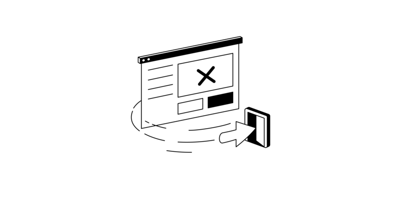 Ein Internetformular mit einem großen X. Ein Pfeil kommt aus dem Formular und passiert eine kleine geöffnete Tür.