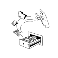 Illu Verwaltung Eine Hängeregistratur in einer Schublade, ein Säulendiagramm, eine Vektorgrafik, eine Akte und eine alles sortierende Hand.