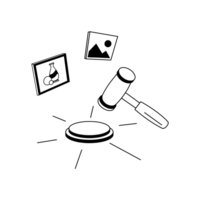 Illu Folgerecht Ein Aktionshammer gibt den Zuschlag. Ein Landschaftsbild und ein Bild mit einer Vase.