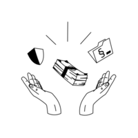 Illu Vorteile Mitgliedschaft Zwei Hände werfen ein Schutzschild, einen Stapel Geldnoten und eine Aktenablage mit Paragraphenzeichen in die Luft.