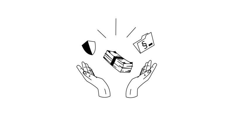 Zwei Hände werfen ein Schutzschild, einen Stapel Geldnoten und eine Aktenablage mit Paragraphenzeichen in die Luft.