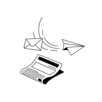 Illu Newsletter Eine Zeitung, ein Briefumschlag und ein Papierflieger.