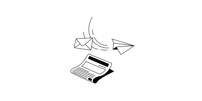 Eine Zeitung, ein Briefumschlag und ein Papierflieger.