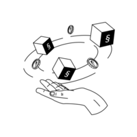 Illu Tarife Über einer geöffneten Hand kreisen abwechselnd Euromünzen und Würfel mit Paragraphenzeichen.