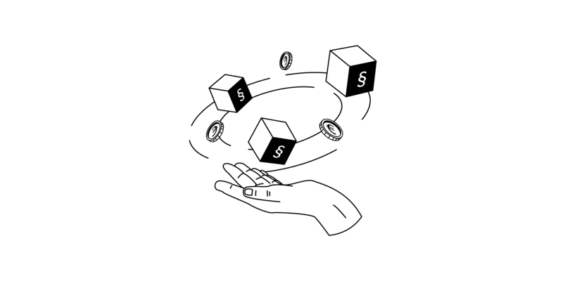 Über einer geöffneten Hand kreisen abwechselnd Euromünzen und Würfel mit Paragraphenzeichen.