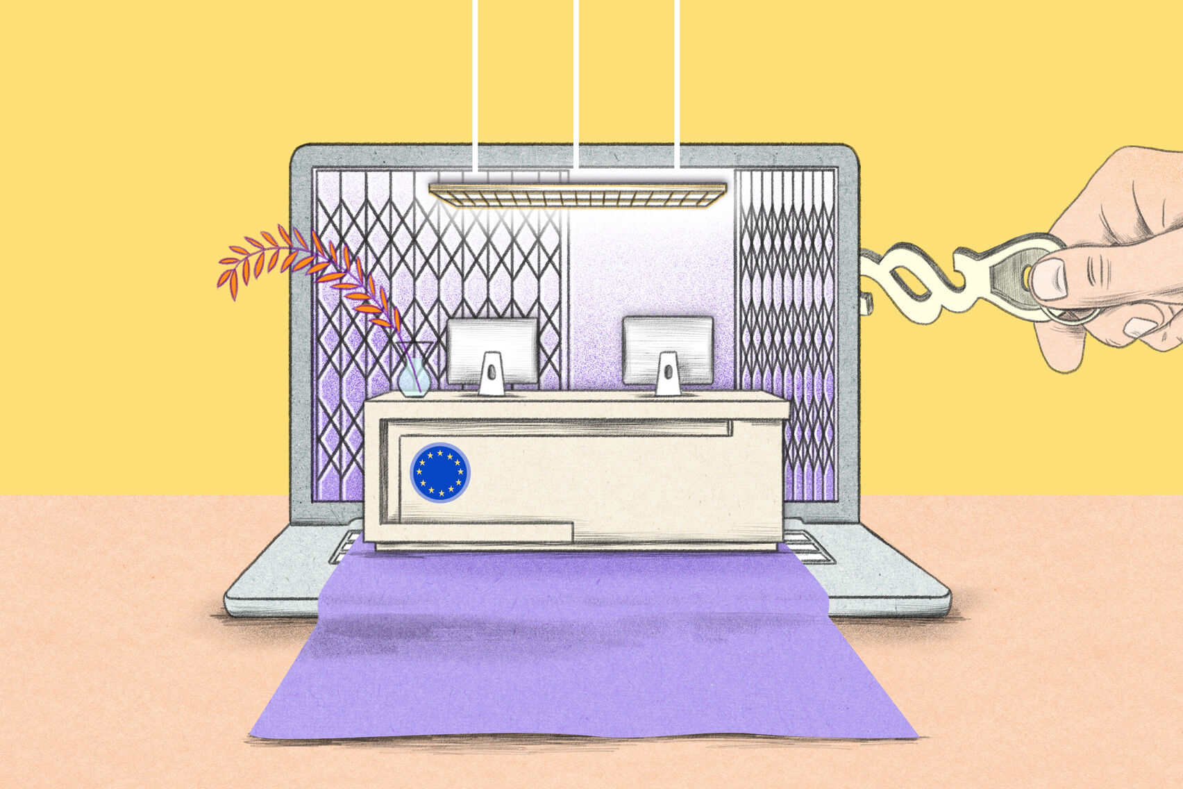 Im Vordergrund steht auf der Tastatur eines Laptops ein Empfangsdesk der Europäischen Union mit einem großen Olivenzweig in einer Vase. Im Hintergrund versperrt ein Gitter den Bildschirm des Laptops. Eine Hand öffnet mit einem großen Schlüssel in Form eines Paragraphenzeichens einen Teil des Gitters.