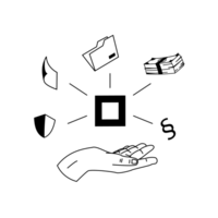 Illu Über uns Über einer geöffneten Hand schwebt das Logo der VG Bild-Kunst umgeben von einem Schutzschild, einem Blatt Papier, einem Registerblatt, einem Stapel Geldscheine und dem Paragraphenzeichen.