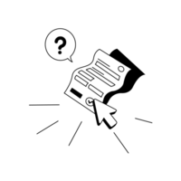 Illu Anfrageformular Ein Pfeil zeigt auf ein abgehaktes Formular. Eine Sprechblase mit einem Fragezeichen.