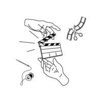 Illu Berufsgruppe III Zwei Hände schlagen eine Filmklappe gegeneinander. Ein Filmstreifen wird von einer Schere durchtrennt. Eine Nadel mit einer Garnspule.