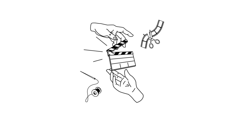 Zwei Hände schlagen eine Filmklappe gegeneinander. Ein Filmstreifen wird von einer Schere durchtrennt. Eine Nadel mit einer Garnspule.