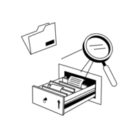 Illu Übersicht Dokumente Eine Lupe begutachtet eine Hängeregistratur in einer Schublade.