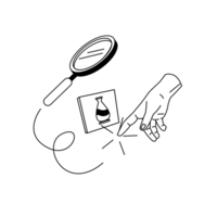 Illu Lizenzanfrage Eine Hand zeigt auf ein Bild mit einer Vase. Eine Lupe nimmt das Bild in Augenschein.