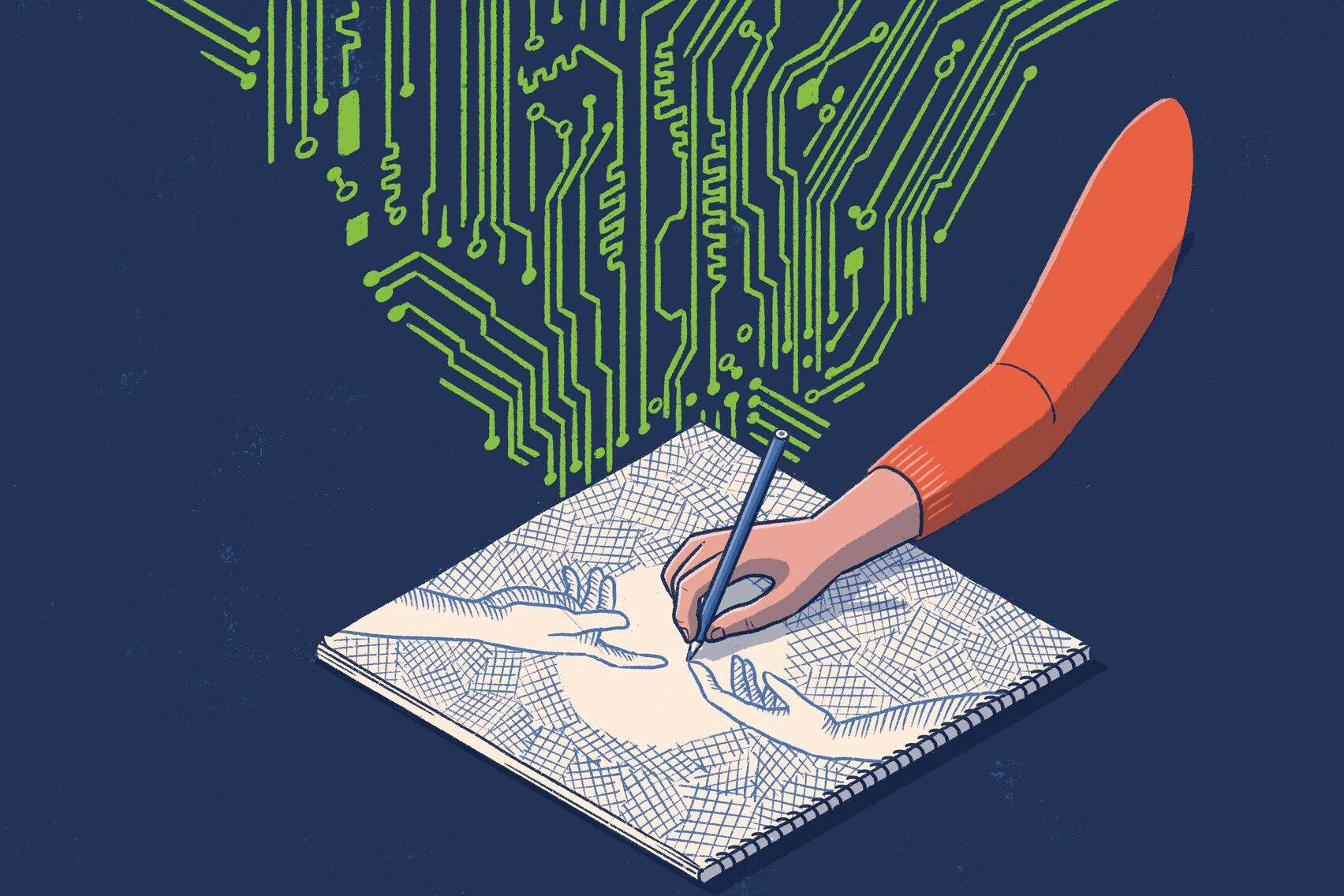 Eine Hand zeichnet auf einer weißen Leinwand zwei Hände, deren Zeigefinger sich beinahe berühren. Aus der Leinwand steigt ein Muster hervor, das an eine elektronische Schaltung erinnert.